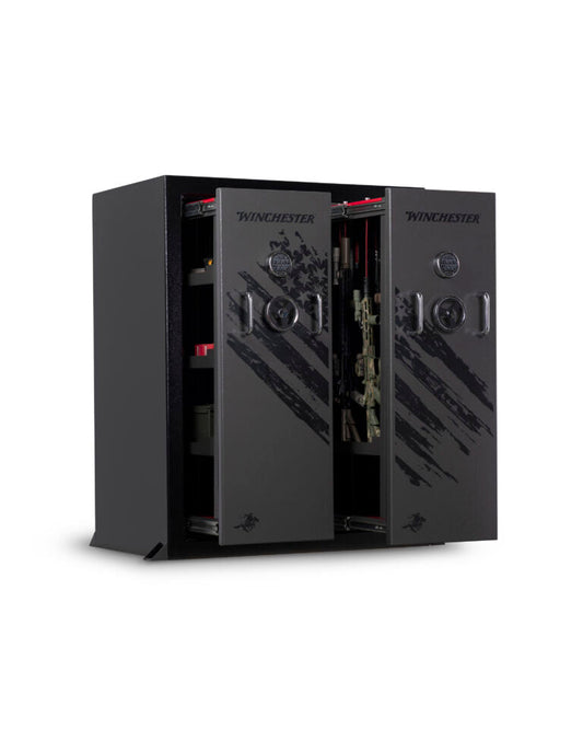 Black Winchester gun safe with open door on a white background