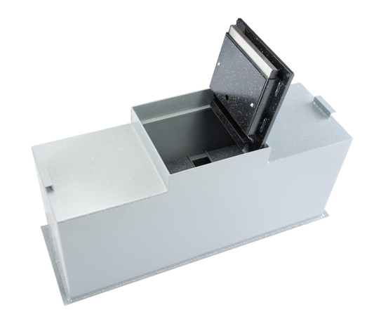 In-Floor Safes FS 16T B C Floor Safe – closed view installed in concrete floor
Open FS 16T B C floor safe showing interior compartment and steel door
Close-up of FS 16T B C floor safe locking mechanism and handle
FS 16T B C floor safe with spring-assisted lift door in open position
In-Floor FS 16T B C safe concealed under floor covering for hidden security
