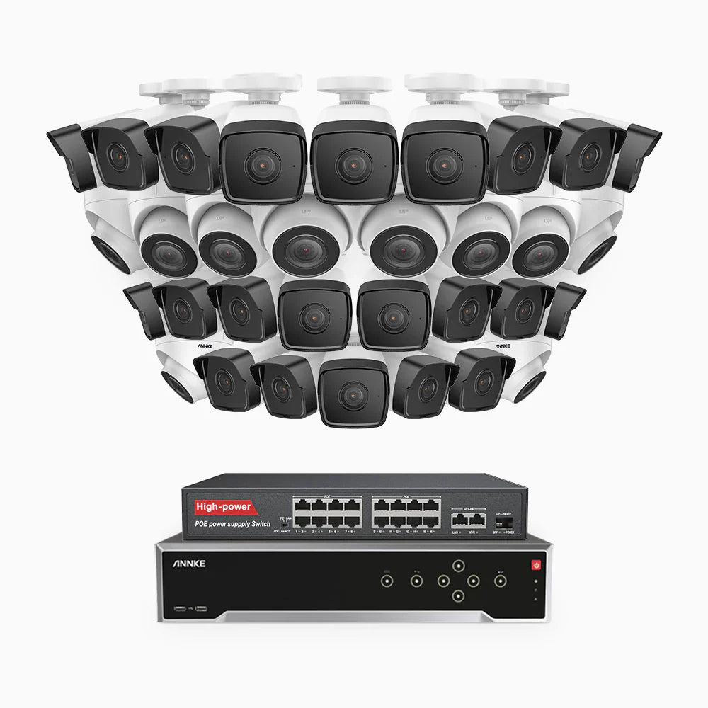 ANNKE H500 - 3K 32 Channel PoE Security System with 22 Bullet & 10 Turret Cameras, EXIR 2.0 Night Vision, Built-in Mic & SD Card Slot, Works with Alexa, 16-Port PoE Switch Included ,IP67 Waterproof, RTSP Supported