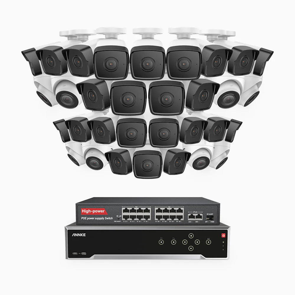 ANNKE H500 - 3K 32 Channel PoE Security System with 24 Bullet & 8 Turret Cameras, EXIR 2.0 Night Vision, Built-in Mic & SD Card Slot, Works with Alexa, 16-Port PoE Switch Included ,IP67 Waterproof, RTSP Supported
