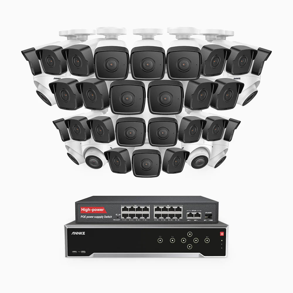 ANNKE H500 - 3K 32 Channel PoE Security System with 26 Bullet & 6 Turret Cameras, EXIR 2.0 Night Vision, Built-in Mic & SD Card Slot, Works with Alexa, 16-Port PoE Switch Included ,IP67 Waterproof, RTSP Supported
