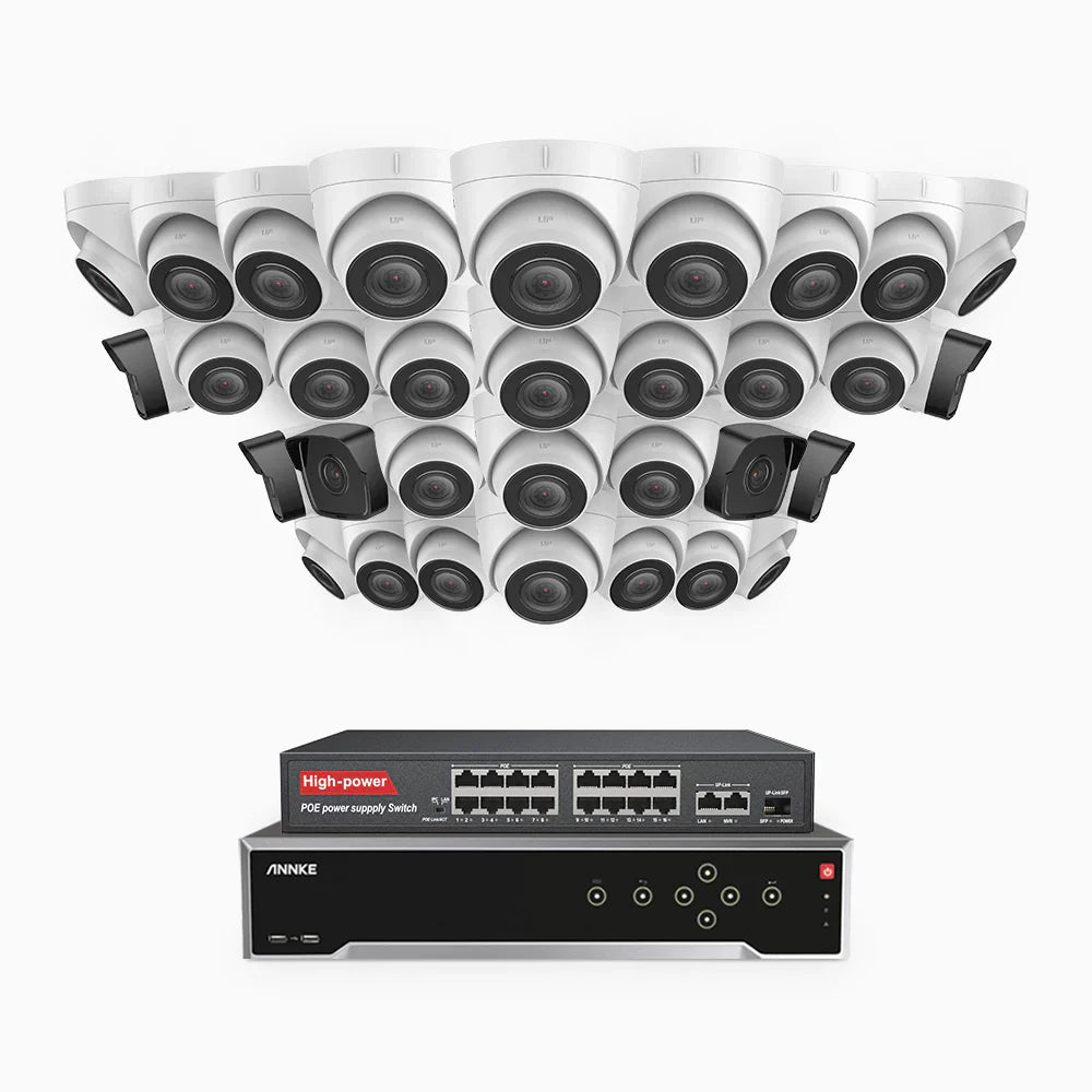 ANNKE H500 - 3K 32 Channel PoE Security System with 6 Bullet & 26 Turret Cameras, EXIR 2.0 Night Vision, Built-in Mic & SD Card Slot, Works with Alexa, 16-Port PoE Switch Included ,IP67 Waterproof, RTSP Supported
