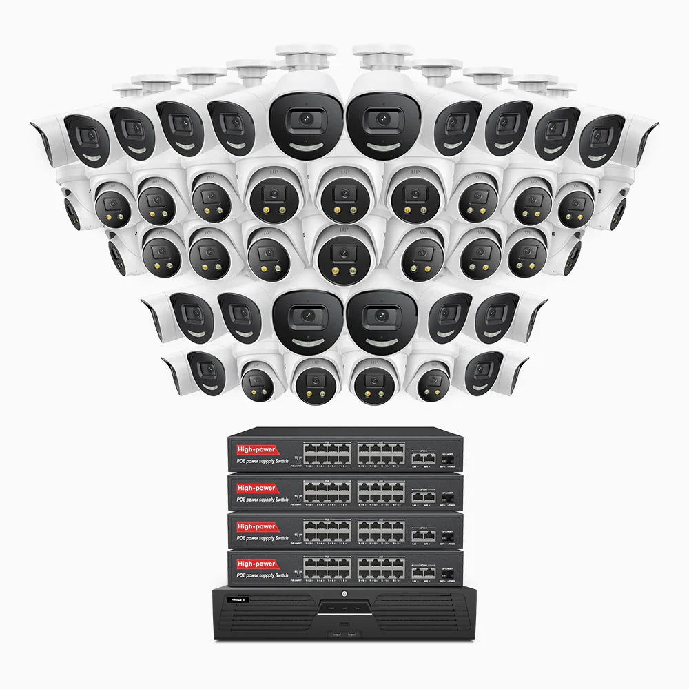 ANNKE H800X - 4K 64 Channel PoE Security System with 24 Bullet & 24 Turret Cameras, 1/1.8'' BSI Sensor, f/1.6 Aperture (0.003 Lux), Siren & Strobe Alarm,Two-Way Audio, Human & Vehicle Detection, Perimeter Protection, Works with Alexa, All-Metal Housing