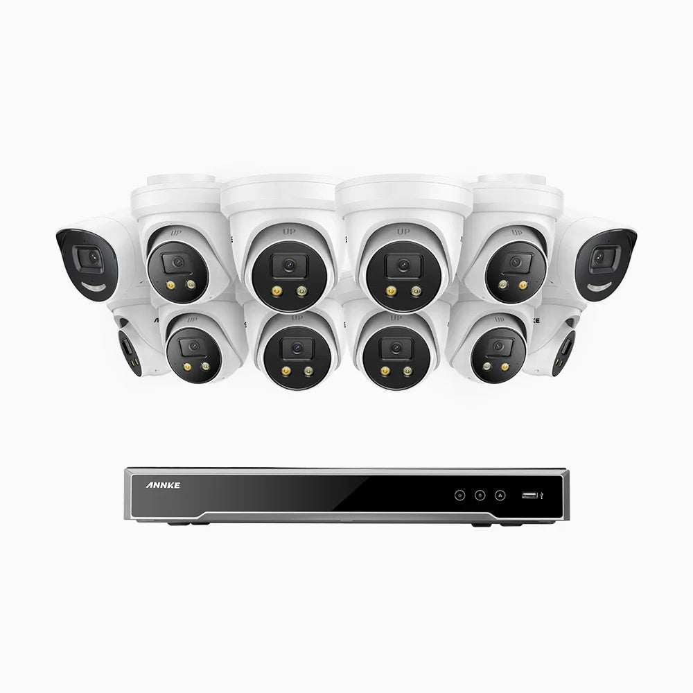 ANNKE H800X - 4K 16 Channel PoE Security System with 2 Bullet & 10 Turret Cameras, 1/1.8'' BSI Sensor, f/1.6 Aperture (0.003 Lux), Siren & Strobe Alarm,Two-Way Audio, Human & Vehicle Detection, Perimeter Protection, Works with Alexa, All-Metal Housing