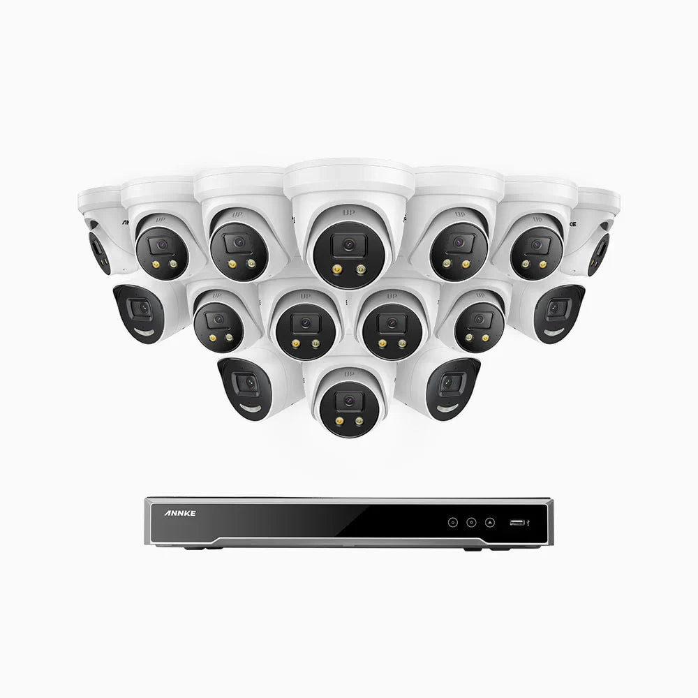 ANNKE H800X - 4K 16 Channel PoE Security System with 4 Bullet & 12 Turret Cameras, 1/1.8'' BSI Sensor, f/1.6 Aperture (0.003 Lux), Siren & Strobe Alarm,Two-Way Audio, Human & Vehicle Detection, Perimeter Protection, Works with Alexa, All-Metal Housing