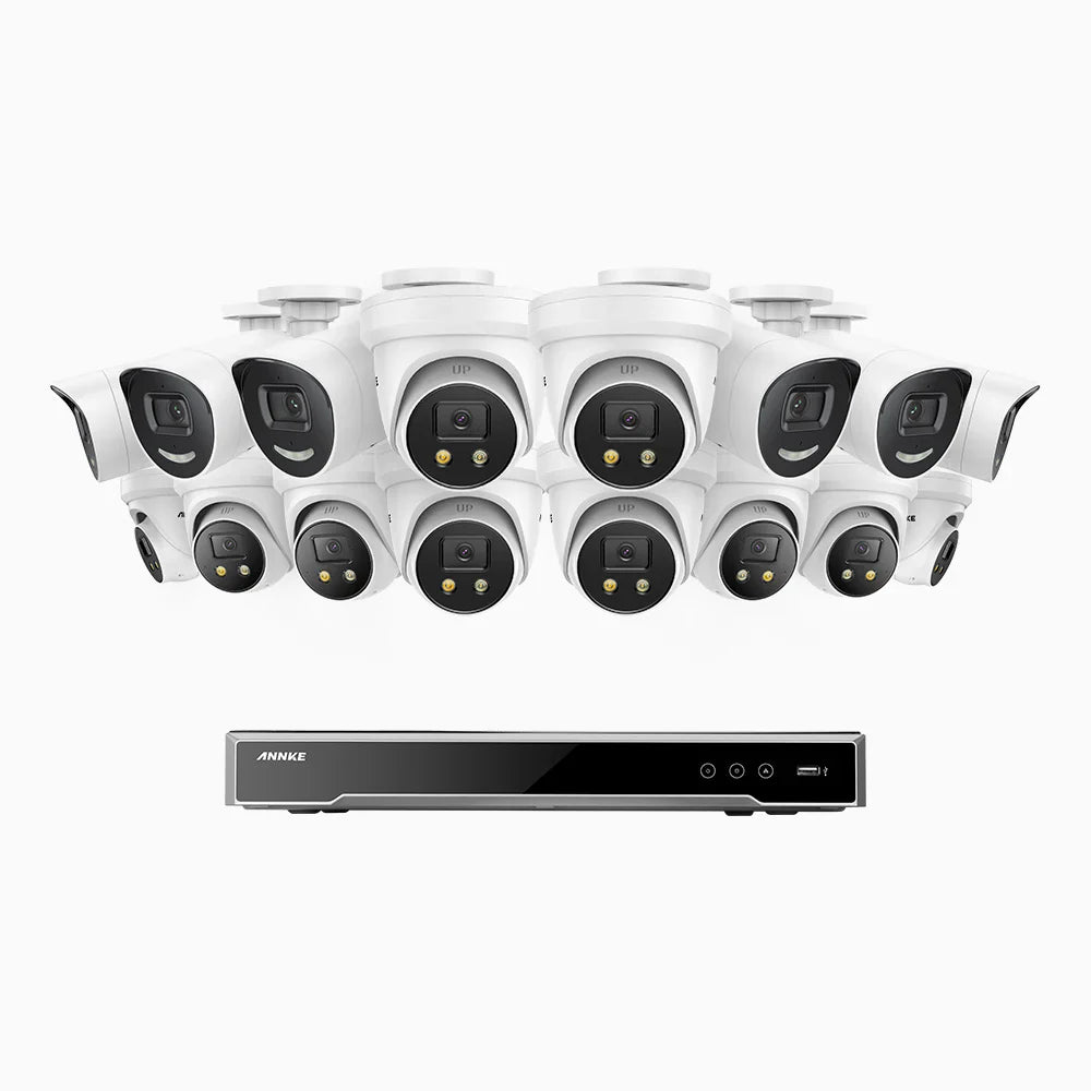 ANNKE H800X - 4K 16 Channel PoE Security System with 6 Bullet & 10 Turret Cameras, 1/1.8'' BSI Sensor, f/1.6 Aperture (0.003 Lux), Siren & Strobe Alarm,Two-Way Audio, Human & Vehicle Detection, Perimeter Protection, Works with Alexa, All-Metal Housing