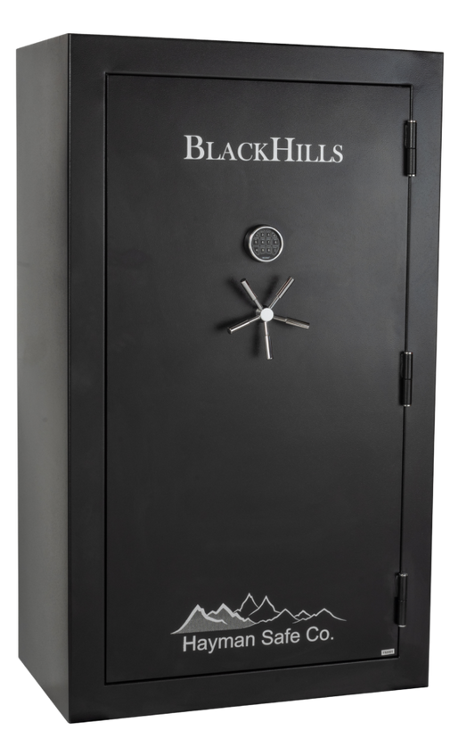 BlackHills BH 7242 E Mid-Level Gun Safe – front view with digital keypad and handle
Open BlackHills BH 7242 E safe showing rifle racks and adjustable shelves
Close-up of BlackHills BH 7242 E electronic lock and steel bolts
Interior view of BlackHills gun safe with LED lighting and door organizer
Side profile of BlackHills BH 7242 E fire-rated safe showing powder-coated finish