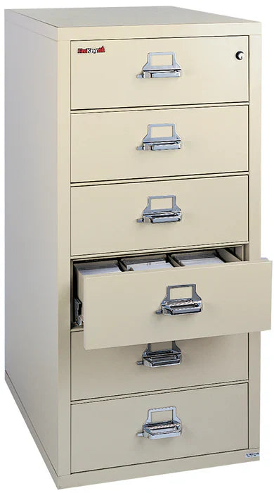 FireKing 1-Hour Fire Rated Card, Check & Note File Cabinet – 4-Drawer model in platinum finish
FireKing 6-Drawer fireproof file cabinet with drawers open showing card and check storage compartments
Close-up of FireKing UL-rated fire label and key lock on fireproof steel filing cabinet drawer
FireKing 1-Hour fire-rated filing cabinet placed in office setting for secure record storage
Side view of FireKing 1-Hour Fire Rated File Cabinet showing fire-resistant steel construction
FireKing fireproof 4-drawe
