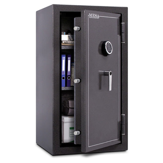 Mesa Safe MBF3820 burglary and fire resistant safe with electronic lock, steel construction
MBF3820 2-hour fire rated safe, burglary-resistant design, charcoal gray finish
Mesa Safe MBF3820 secure storage safe, electronic keypad lock, heavy-duty steel body
Burglary and fire safe MBF3820 with upholstered interior and adjustable shelving
Mesa Safe MBF3820 large capacity safe, 40-inch height, 22-inch width, 22-inch depth
MBF3820 Mesa Safe with reinforced door, multiple locking bolts, and anchor-ready desi
