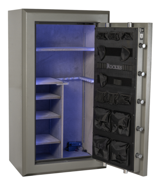 Rockies RK 6536 E Premium-Level Gun Safe – front view with electronic keypad and chrome handle
Open Rockies RK 6536 E gun safe showing interior shelves and rifle storage
Close-up of Rockies RK 6536 E electronic lock and reinforced door bolts
Interior view of Rockies gun safe with LED lighting and door organizer
Side view of Rockies RK 6536 E fireproof gun safe showing 10-gauge steel construction
Rockies fire-rated gun safe with UL-listed lock and premium powder-coated finish