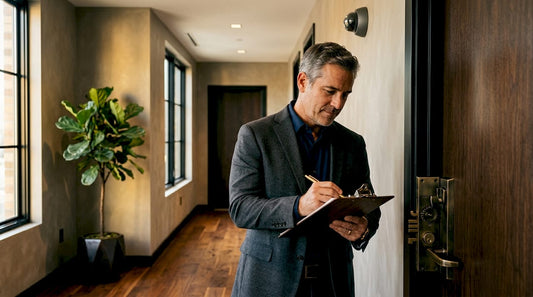 Property manager inspects office entrance security