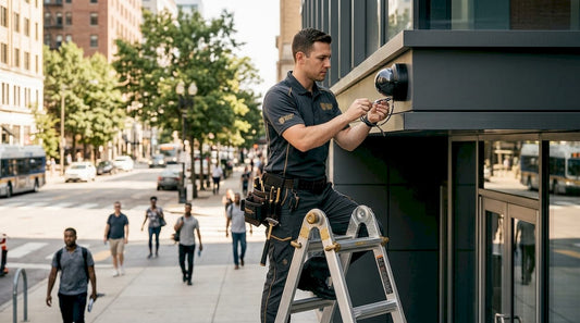 Technician installing security camera outdoors