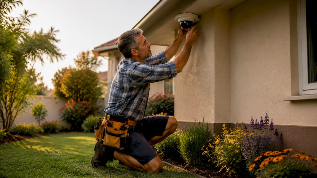 Man installing home security camera outdoors