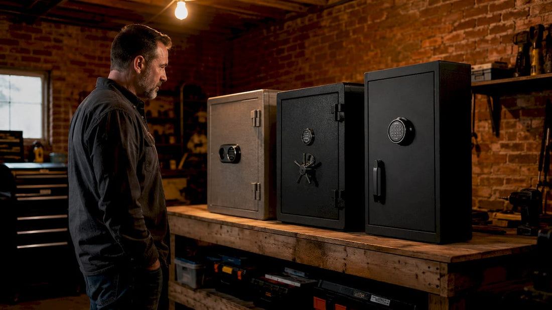 Man examining different indoor safes types