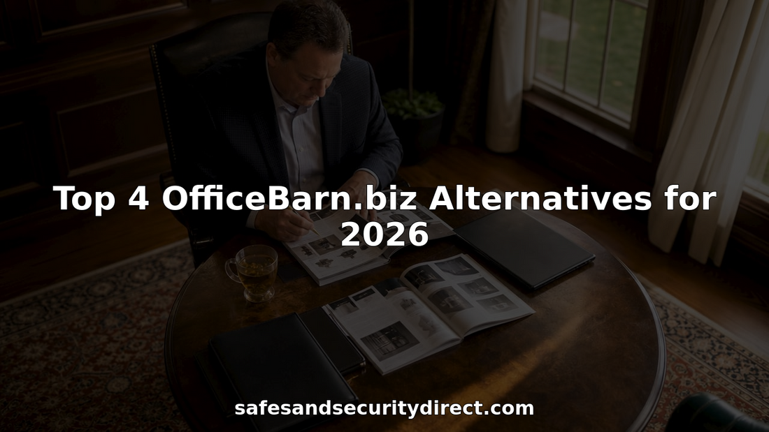 Business owner reviewing office security product brochures