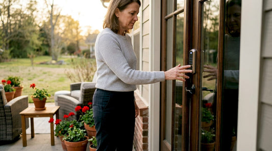 Woman using keyless lock on home front door