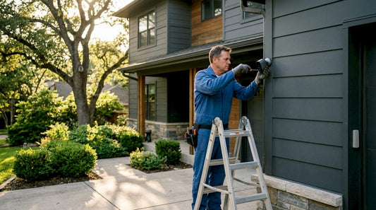 Technician installing outdoor security camera on house exterior