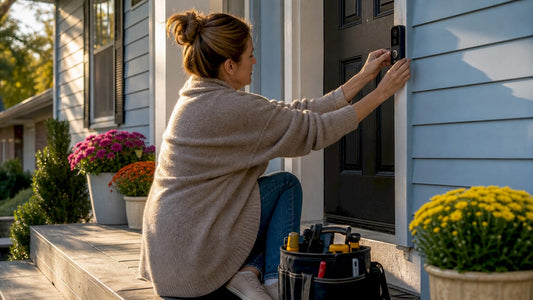 Woman installing video doorbell at home