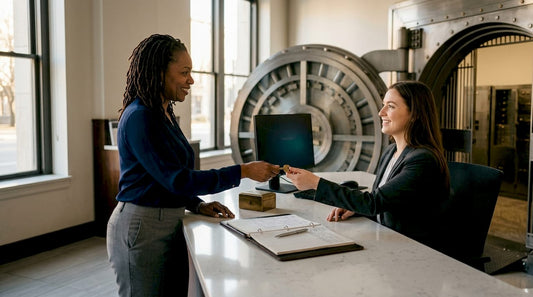 Woman returning safe deposit box key at bank lobby
