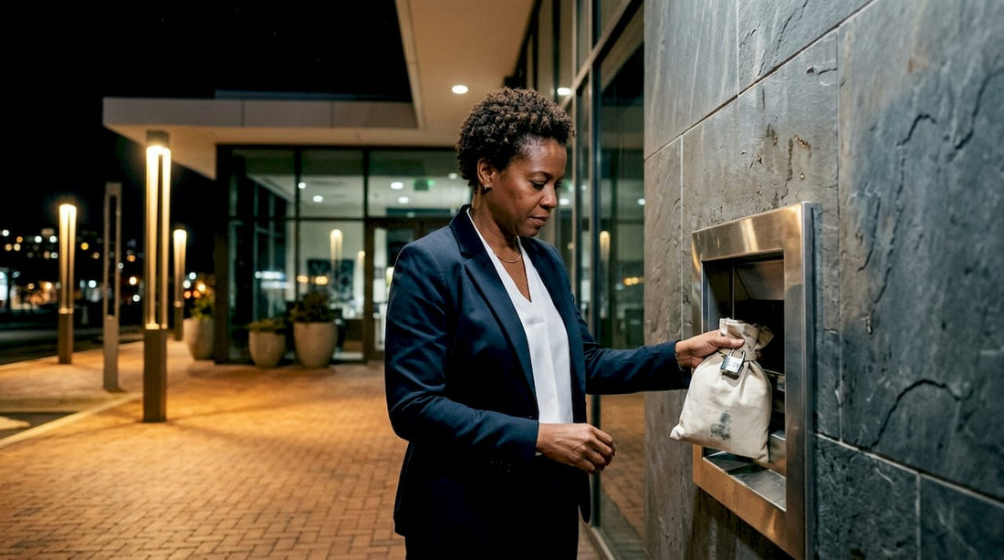 Bank manager depositing money in night safe