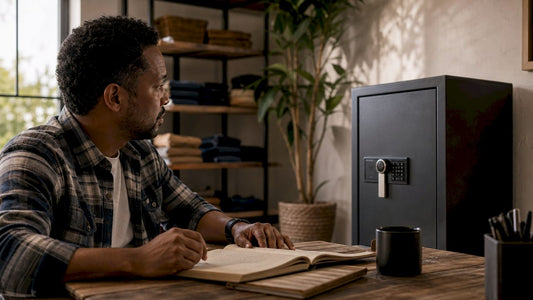 Business owner next to cash management safe