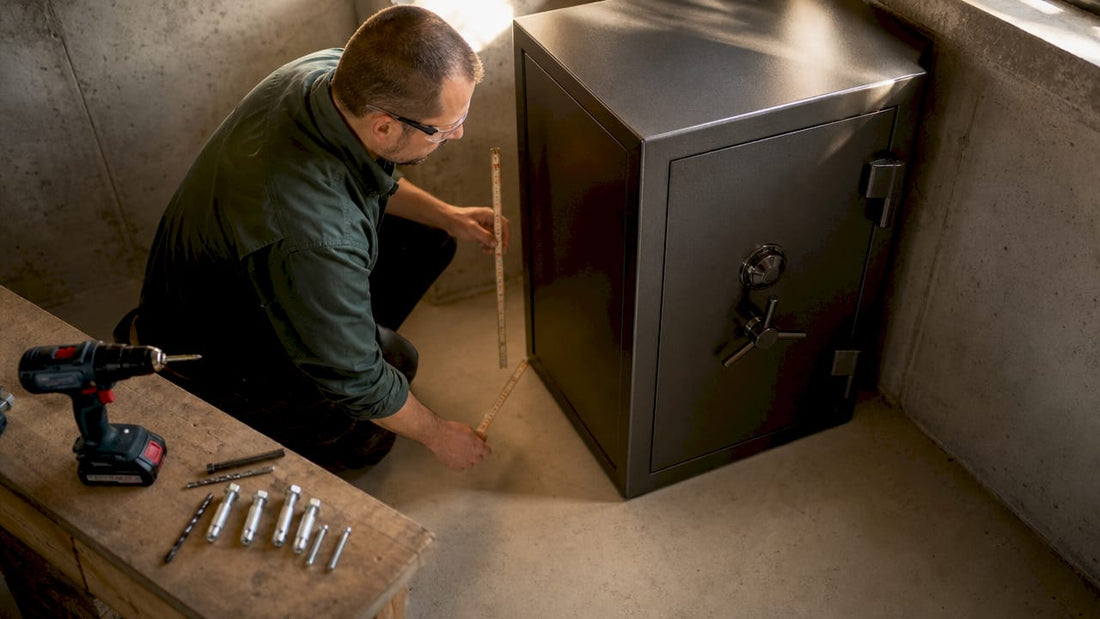 Technician measuring safe placement in basement