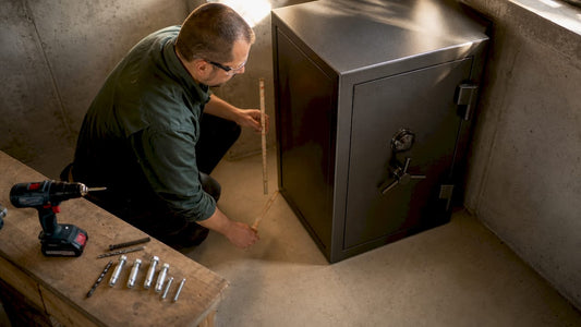 Technician measuring safe placement in basement