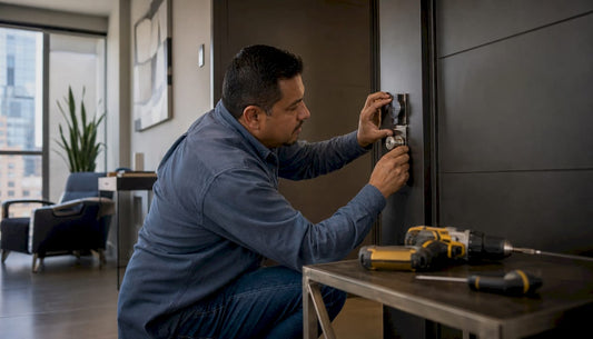 Man installing deadbolt lock on home door