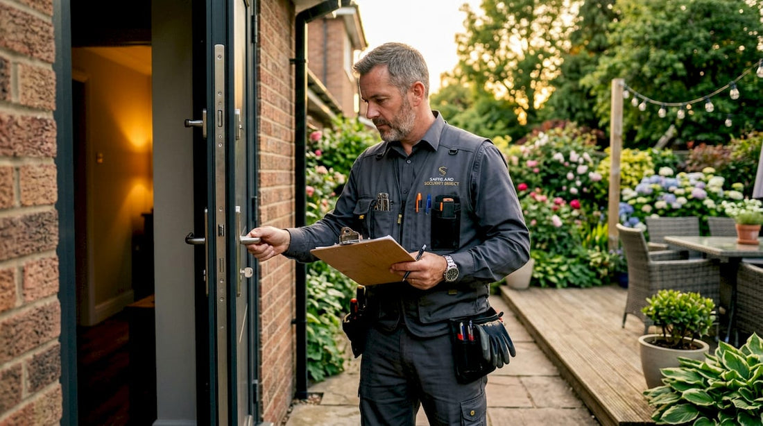 Technician inspecting security rated front door