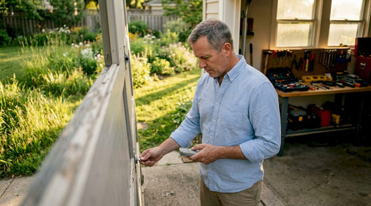 Homeowner inspecting garage door security