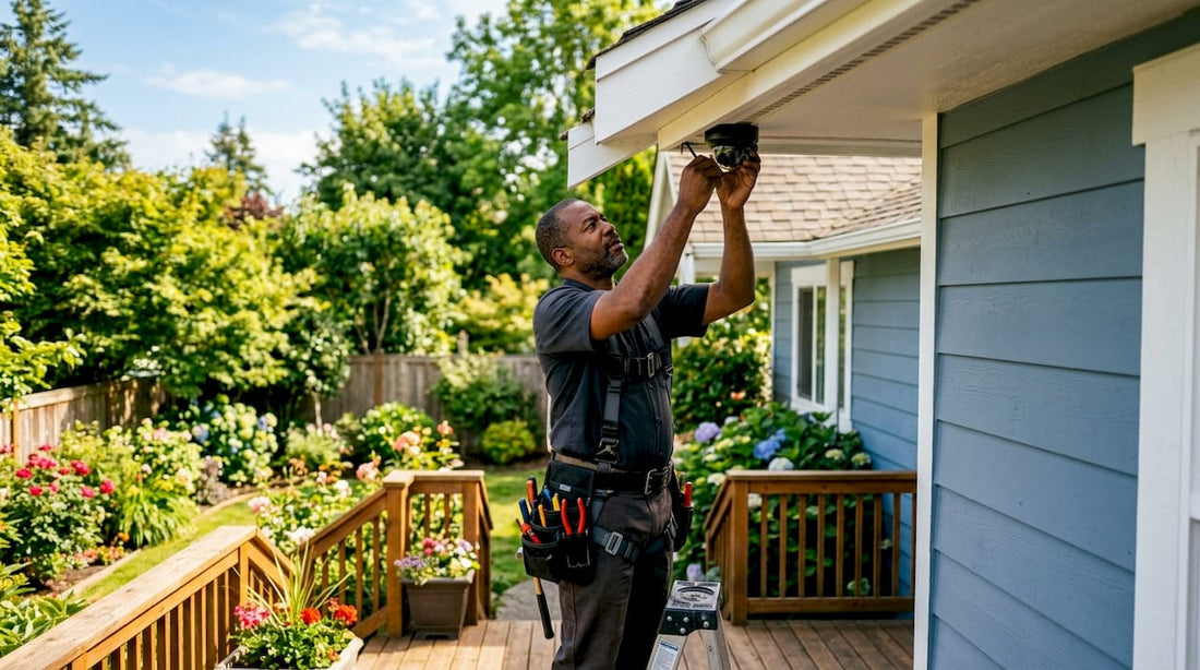 Man installing outdoor surveillance camera on ladder