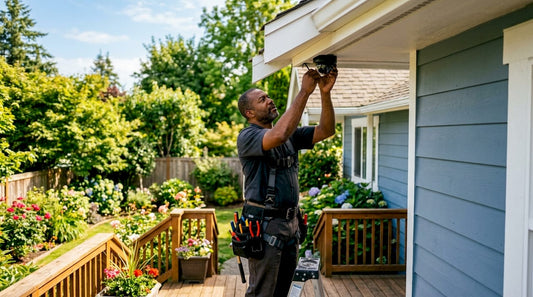 Man installing outdoor surveillance camera on ladder