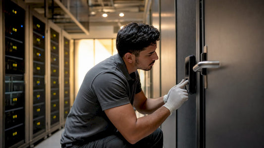 Technician inspecting biometric door scanner
