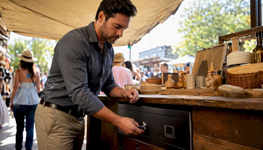Retail manager unlocking secure cash drawer