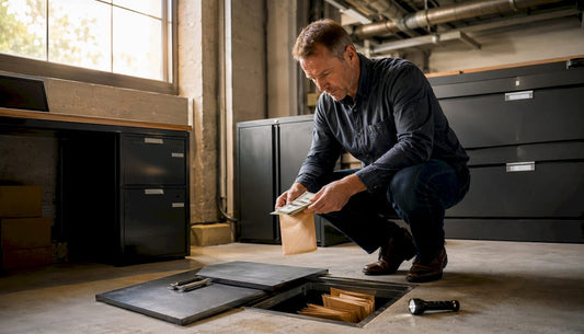 Manager handling cash in underfloor safe