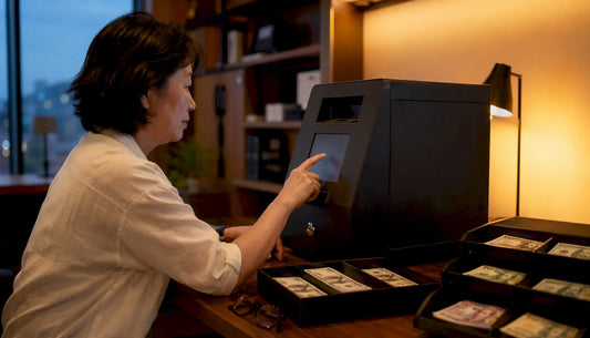 Woman using smart cash safe touchscreen