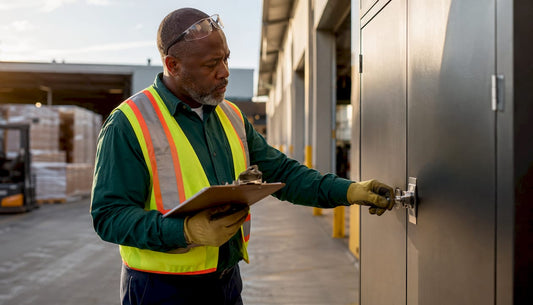 Manager inspecting secure storage cabinet