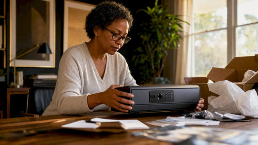 Woman unboxing biometric gun safe at home