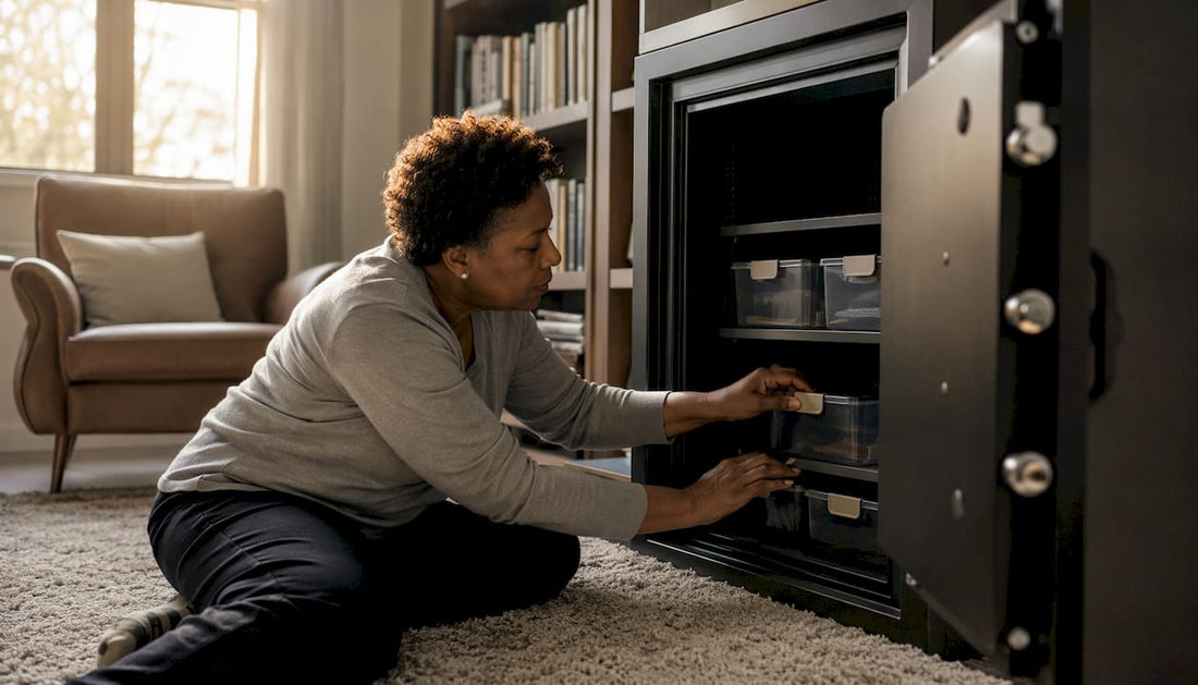 Woman organizing valuables inside a home safe