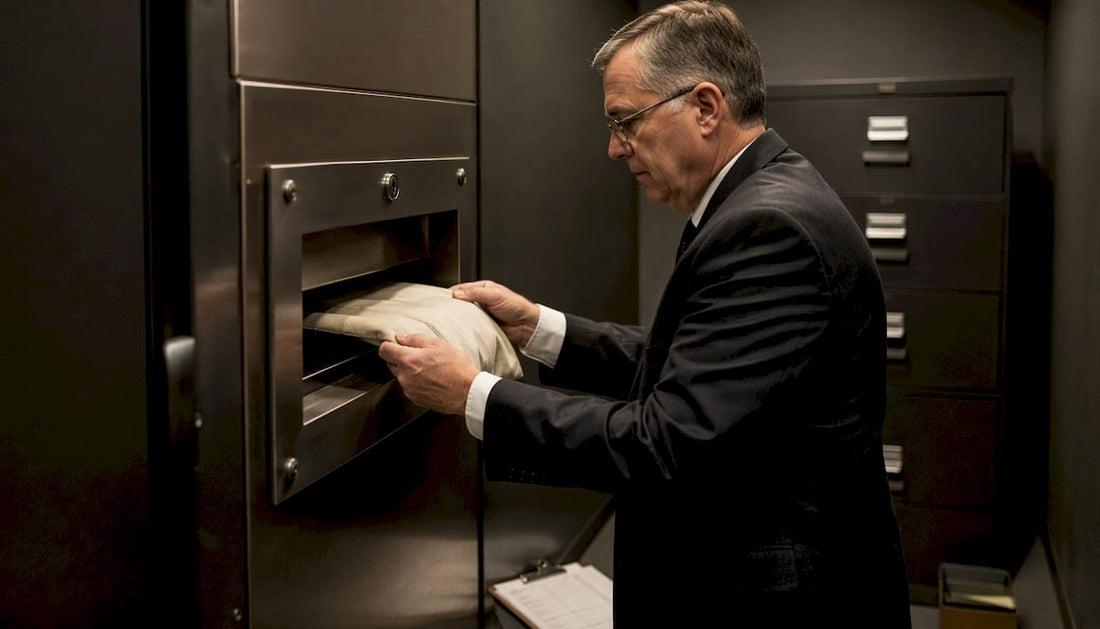 Bank manager using night deposit safe slot