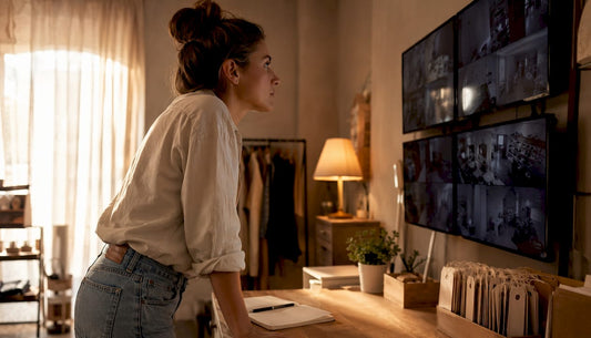 Retail manager monitoring store security cameras