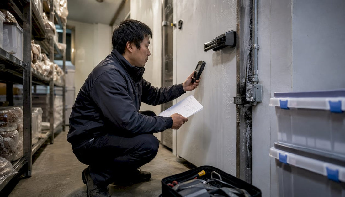 Technician inspecting commercial freezer room door