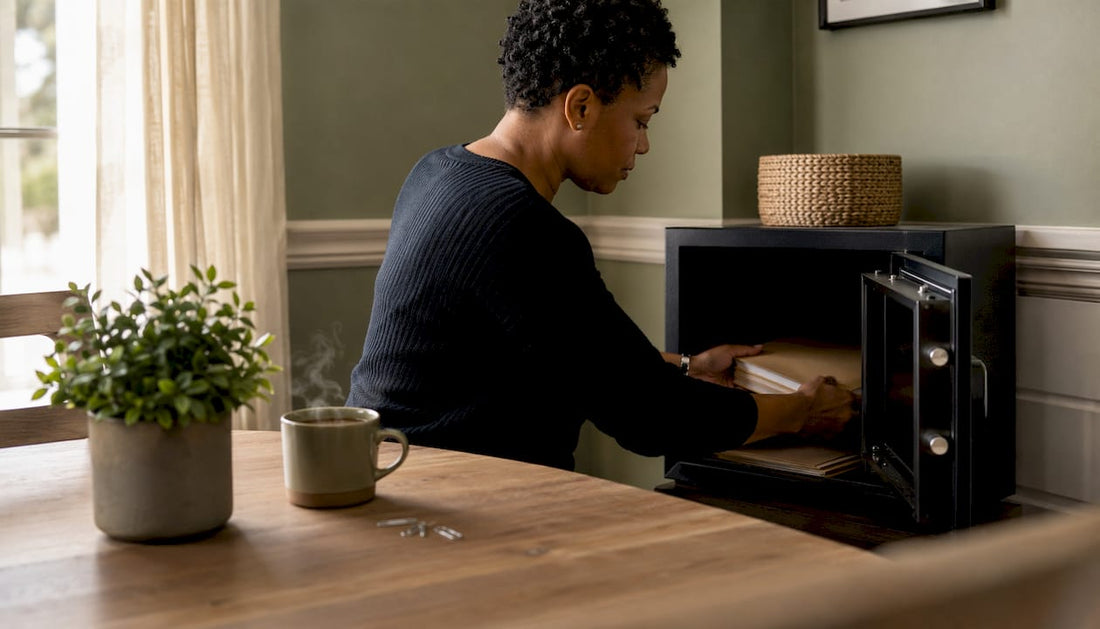 Woman storing financial ledgers in home safe