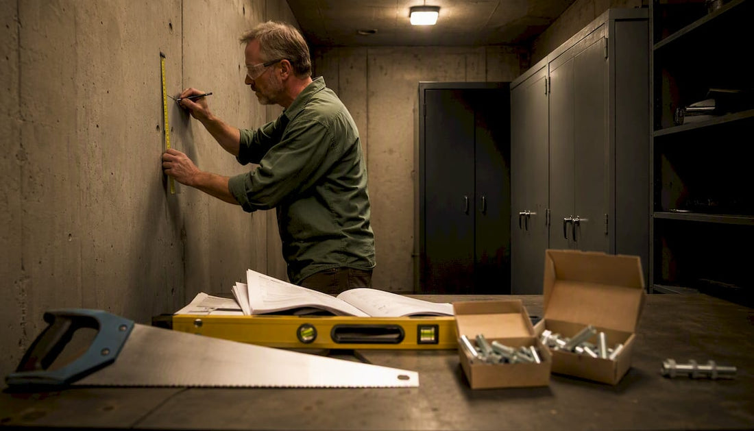 Man measuring wall in evidence room for safe installation