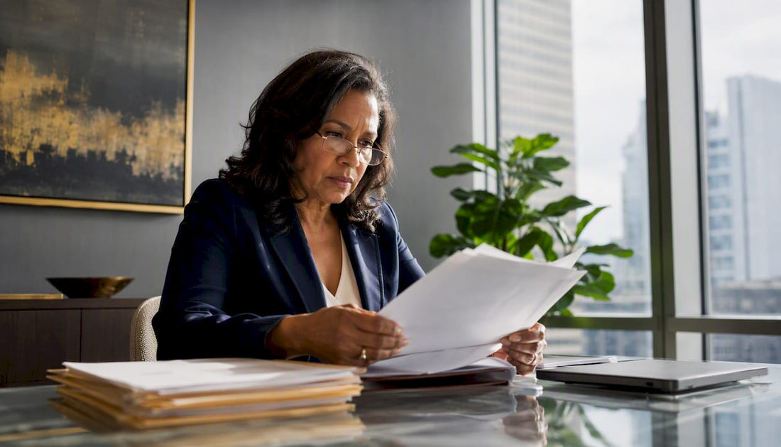 Attorney reviewing confidential case files in office