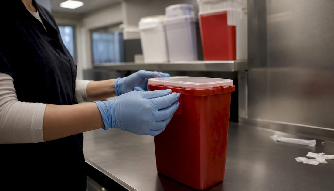 Healthcare worker sealing red biohazard sharps container