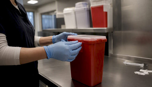 Healthcare worker sealing red biohazard sharps container