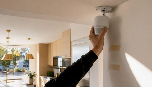 Person adjusting indoor motion sensor angle