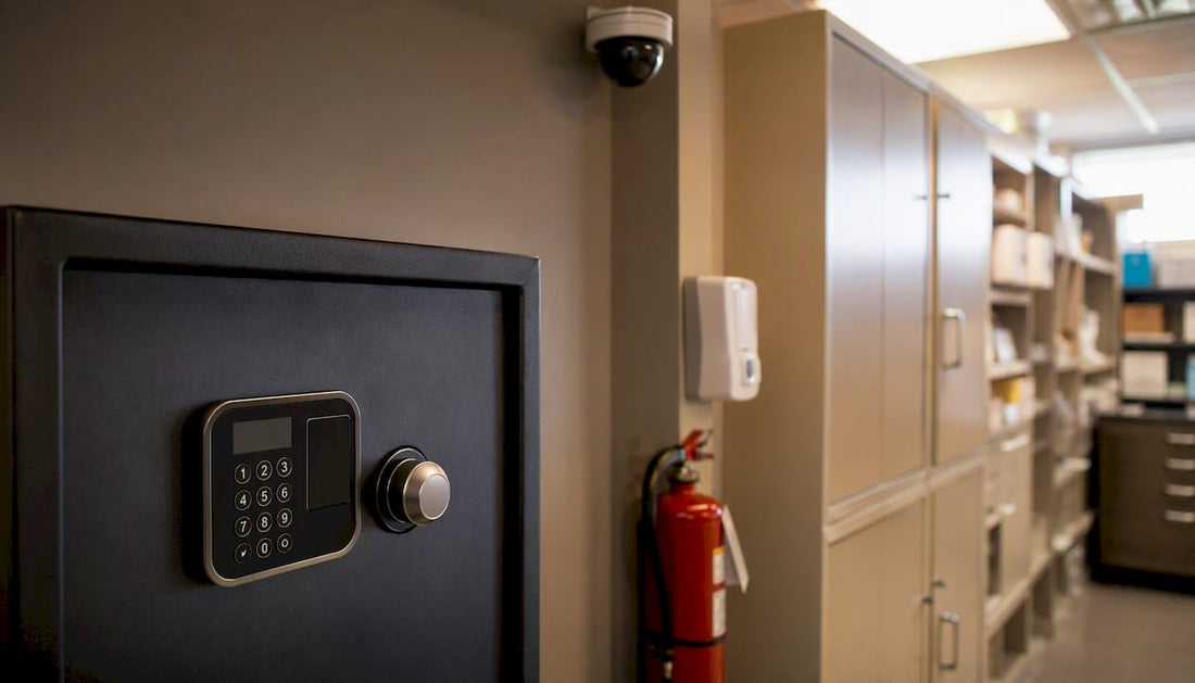 Pharmacy safe and security camera in storage room