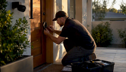 Technician installing smart door lock and nearby security camera
